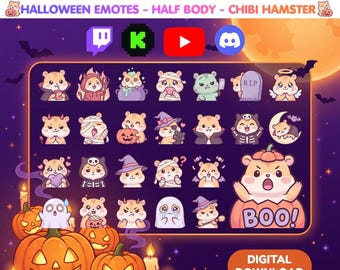 May include: A digital collection of 25 Halloween-themed chibi hamster emotes featuring various costumes and expressions. The set includes icons for Twitch, Kick, YouTube, and Discord, with sizes listed as 500px, 48px, 128px, 112px, 56px, and 28px.