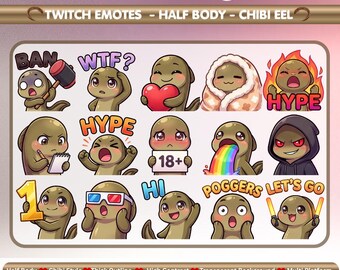 May include: A digital collection of 100 chibi eel emotes for streaming platforms. The graphic features various eel characters expressing emotions like hype, ban, and confusion, with text labels including 18+, hi, and poggers in a colorful style.