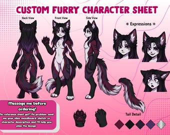 May include: A custom furry character sheet featuring a dark-furred anthropomorphic creature with purple accents. The illustration displays front, back, and side views, three facial expressions, a tail detail, paw pads, and a color palette.