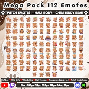 May include: A collection of 112 digital chibi teddy bear emotes for Twitch, featuring various expressions and actions. The brown bears are depicted in half-body style with thick outlines, high contrast, and text labels like Hype, GG, and AFK.