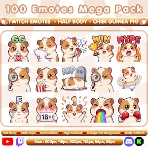 May include: A digital collection of 100 Emotes Mega Pack featuring chibi guinea pigs in various poses and expressions. The set includes text like GG, WIN, HYPE, RIP, F, and 18+. The images are half-body designs with thick outlines, high contrast, and transparent backgrounds in sizes 500px, 48px, 320px, 112px, 56px, and 28px.