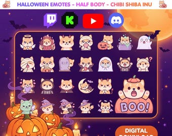 May include: A digital pack of 25 Halloween-themed emotes featuring chibi Shiba Inu dogs in various costumes and poses, including ghosts, pumpkins, and vampires, with the text 25 Emotes Halloween Pack and Digital Download.