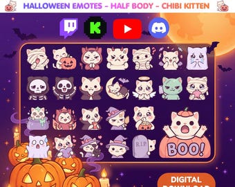 May include: A digital collection of 25 Halloween-themed chibi kitten emotes featuring various costumes and expressions, including mummies, ghosts, and pumpkins. The graphic includes the text 25 Emotes Halloween Pack and Digital Download.