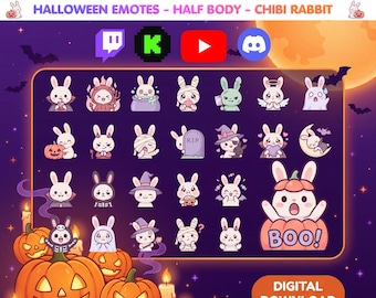 May include: A digital download pack containing 25 Halloween-themed chibi rabbit emotes. The collection features various rabbit characters in costumes, including ghosts, mummies, and witches, set against a purple background with pumpkins.