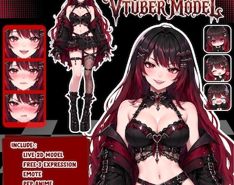 May include: A custom VTuber model character sheet featuring a long-haired figure with red and black hair, wearing a black lace-trimmed outfit with bat-themed accessories. Includes text: CUSTOM VTUBER MODEL, INCLUDE: LIVE 2D MODEL, FREE 3 EXPRESSION, EMOTE, PFP ANIME, SOURCE FILE.