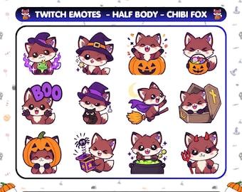 May include: A digital collection of 50 Halloween-themed emotes featuring a chibi fox character. The set includes various illustrations of the fox in costumes, such as a witch, inside a pumpkin, holding a candy bucket, or sitting in a coffin.