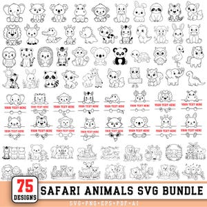 Puede incluir: Una colección de 75 ilustraciones de arte lineal en blanco y negro con varios animales de safari, incluidos elefantes, leones, monos y jirafas. Varios diseños incluyen una pancarta horizontal con el texto YOUR TEXT HERE.