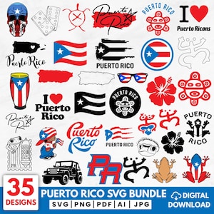May include: A digital collection of 35 Puerto Rico themed graphic designs featuring symbols like the flag, coqui frogs, hibiscus flowers, skulls, sunglasses, maps, and text. The bundle includes various file formats for creative projects.