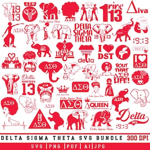 Peut inclure: Une collection de motifs graphiques rouges présentant des symboles Delta Sigma Theta, incluant des éléphants, des silhouettes de femmes avec des afros, les lettres grecques ΔΣΘ, le nombre 1913, des cœurs, des couronnes et du texte comme Delta Sigma Theta, Diva et Delta Queen.