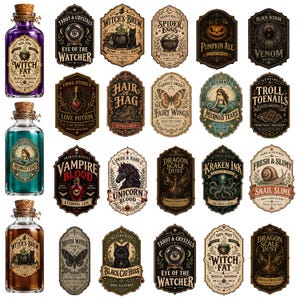 Può includere: Una collezione di tre bottiglie di vetro riempite con liquidi viola, verde acqua e marrone, ciascuna con un tappo di sughero, insieme a ventuno etichette rettangolari decorative con illustrazioni fantasy e testi come Witch Fat, Mermaid Tears e Kraken Ink.