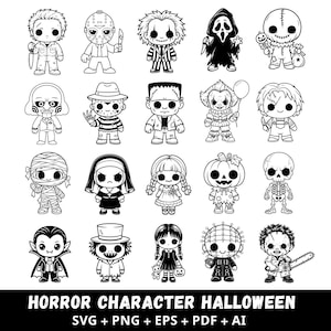 May include: A collection of twenty black and white line art illustrations featuring chibi-style horror characters arranged in a grid. The text at the bottom reads HORROR CHARACTER HALLOWEEN SVG + PNG + EPS + PDF + AI in a bold sans-serif font.