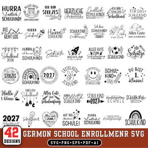 Könnte beinhalten: Eine Sammlung von 42 schwarz-weißen digitalen Designs mit deutschen Sprüchen zum Schulanfang, darunter Texte wie Hurra Endlich SCHULKIND, Ich bin stolzes Schulkind sowie verschiedene Illustrationen von Stiften, Raketen und Schulranzen.
