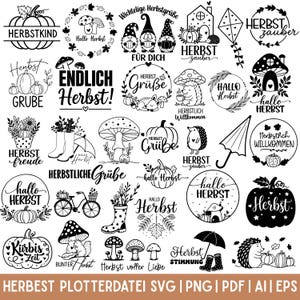 May include: A collection of black and white digital illustrations featuring autumn themes including pumpkins, mushrooms, hedgehogs, gnomes, umbrellas, rain boots, bicycles, and leaves with German text phrases like Herbstkind, Hallo Herbst, and Herbstzauber.