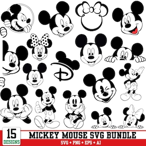 Może przedstawiać: Kolekcja 15 czarno-białych ilustracji graficznych przedstawiających Myszkę Miki i Myszkę Minnie w różnych pozach i wyrazach twarzy, w tym portrety i pełne sylwetki, z tekstem 15 DESIGNS MICKEY MOUSE SVG BUNDLE SVG + PNG + EPS + AI.