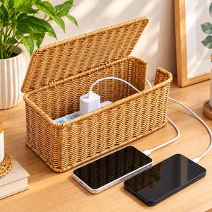 Puede incluir: Una caja rectangular de mimbre trenzado de color marrón claro para organizar cables con una tapa abatible abierta. Dentro hay una regleta blanca con un bloque de carga. Dos teléfonos inteligentes negros están conectados con cables blancos.