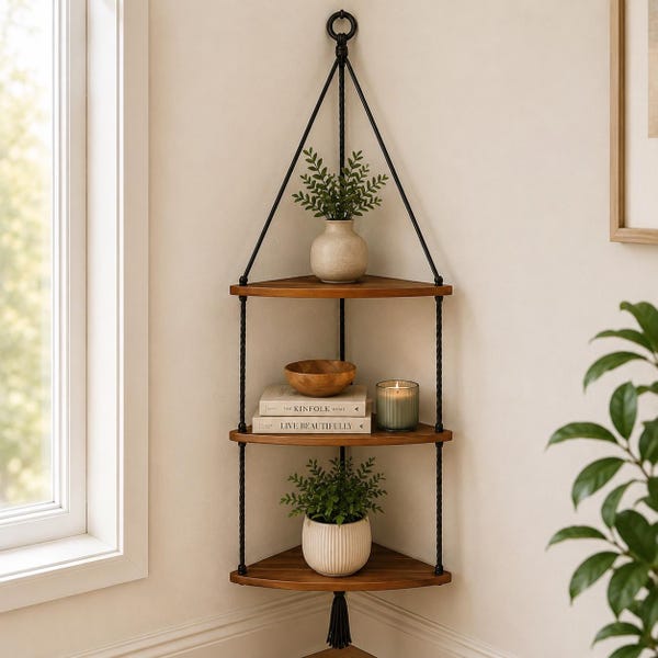 Boho Wooden Corner Shelf, Hanging Rope Wall Shelf, Rustic Floating Shelf for Plants, Handmade Home Wall Decor