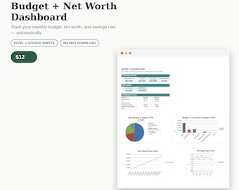 Budget Tracker, Net Worth Dashboard, Savings Rate Planner (Digital Download)