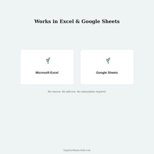 May include: A digital graphic with the text Works in Excel & Google Sheets. Two white rectangular boxes feature a small green sprout icon, with the text Microsoft Excel in one and Google Sheets in the other. Below is the text No macros. No add-ons. No subscription required. and beginnerfinancehub.com.