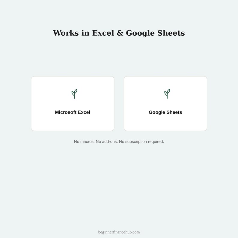 May include: A digital graphic with the text Works in Excel & Google Sheets. Two white rectangular boxes feature a small green sprout icon, with the text Microsoft Excel in one and Google Sheets in the other. Below is the text No macros. No add-ons. No subscription required. and beginnerfinancehub.com.