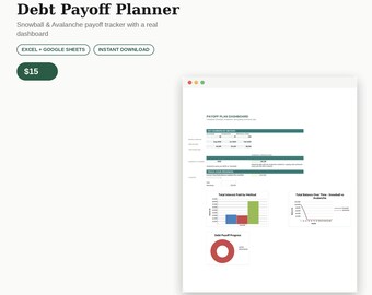 Debt Payoff Planner, Snowball Avalanche Tracker (Excel, Google Sheets)