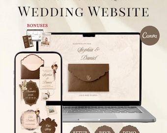 May include: A digital wedding website template titled The Brown Modena Letter, displayed on a laptop and smartphone screen. The design features brown envelopes, floral accents, and text including Sophia & Daniel, 21 December 2026, and Canva.
