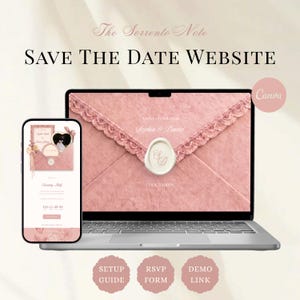 May include: A laptop and a smartphone displaying a digital Save The Date website template. The screen features a pink textured envelope graphic with a white wax seal, the text A LOVE LETTER FROM Sophia & Daniel, and a countdown timer.