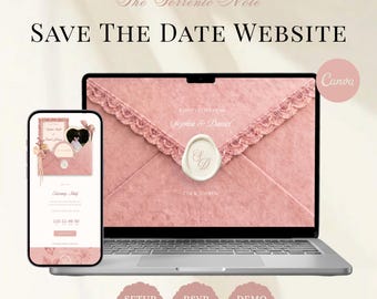 May include: A laptop and a smartphone displaying a digital Save The Date website template. The screen features a pink textured envelope graphic with a white wax seal, the text A LOVE LETTER FROM Sophia & Daniel, and a countdown timer.