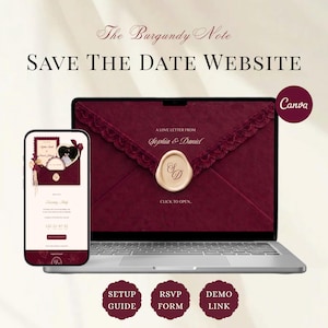 Op de afbeelding: Een digitale save the date website template weergegeven op een laptop- en smartphonescherm. Het ontwerp bevat een diepbordeauxrode envelop met een crèmekleurig waszegel, elegante typografie en de tekst The Burgundy Note, Save The Date Website.