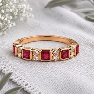 Vintage-Ewigkeitsring mit Rubin und Diamanten, 14 Karat Gold, Art-déco-Ehering, stapelbarer Ring mit Geburtsstein Juli, Jahrestagsgeschenk für Sie