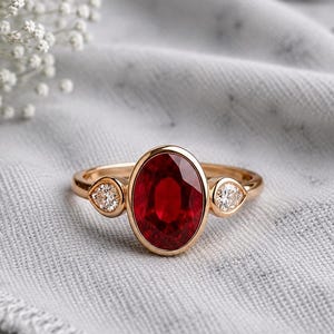 14K Solid Gold Oval Ruby Diamond Ring, Bezel Set Ruby Engagement Ring, July Birthstone, Pear Diamond Promise Ring, Anniversary Gift