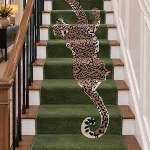 Tappeto per scale con stampa leopardata, tappeto verde per scale, tappeto per scale con stampa animalier, tappeto per scale a tema giungla, decorazioni per la casa con stampa leopardata