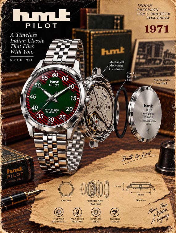 HMT Pilot Mechanical Watch – Green Dial, Red Pattern, 17 Jewels (Made in India)