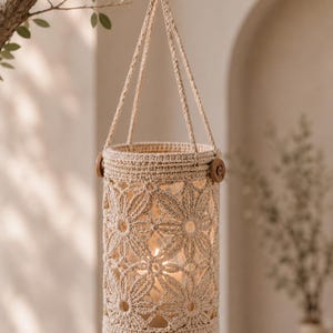 Crochet Lantern Pattern PDF, Floral Hanging Boho Home Decor Candle Light Shade
