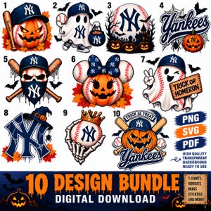 Może przedstawiać: Cyfrowy pakiet dziesięciu grafik baseballowych New York Yankees z motywem Halloween, przedstawiający dynie, duchy, czaszki i nietoperze. Wzory zawierają piłki baseballowe z logo NY, skrzyżowane kije oraz napisy Yankees i Trick or Homerun.
