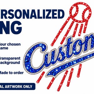 Può includere: Un grafico digitale che mostra la parola Custom in glitter blu con un contorno di strass argentati, accompagnata da una palla da baseball in strass rossi e linee di movimento. Il testo include PERSONALIZED PNG, Your chosen name, Transparent background, Made to order e DIGITAL ARTWORK ONLY.