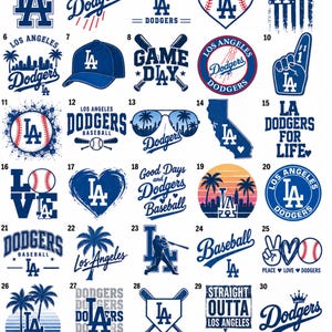 Pode incluir: Uma coleção de 30 designs gráficos em azul e branco dos Los Angeles Dodgers com temas de beisebol, incluindo o logotipo LA, tacos, palmeiras, corações, óculos de sol e textos como Dodgers, Game Day e Straight Outta Los Angeles.