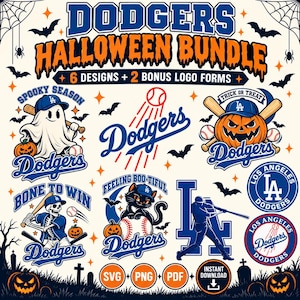 May include: A digital graphic bundle featuring Dodgers Halloween-themed designs. Includes a ghost, a pumpkin, a skeleton, and a cat with baseball elements, bats, and balls. Text includes DODGERS HALLOWEEN BUNDLE, 6 DESIGNS + 2 BONUS LOGO FORMS, SVG, PNG, PDF, and INSTANT DOWNLOAD.