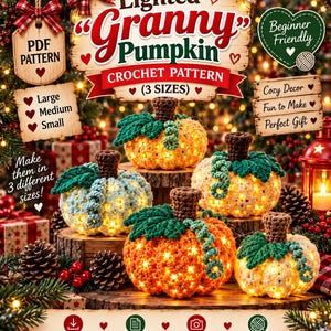 Puede incluir: Un patrón de ganchillo digital para una calabaza Granny iluminada en tres tamaños. La imagen muestra cinco calabazas tejidas en naranja, blanco y azul claro, cada una con un tallo marrón, hojas verdes y luces internas sobre un fondo festivo.