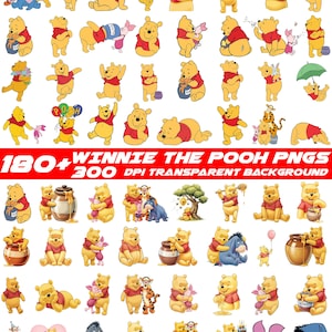 Puede incluir: Una colección de más de 180 imágenes digitales PNG de Winnie the Pooh y sus amigos en varias poses, incluyendo tarros de miel, globos y pasteles, con el texto 180+ WINNIE THE POOH PNGS 300 DPI TRANSPARENT BACKGROUND.
