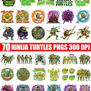 Puede incluir: Una colección digital de 70 archivos PNG de Teenage Mutant Ninja Turtles a 300 DPI, que presenta varias ilustraciones de personajes, poses de acción, escenas grupales y diseños de logotipos con colores vibrantes y detalles gráficos para proyectos.