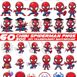 Puede incluir: Una colección digital de 60 imágenes PNG de Spider-Man chibi con varias poses, incluyendo personajes con birretes de graduación, sosteniendo regalos y lanzando telarañas. El set incluye los números 0-9, iconos de araña y máscaras.