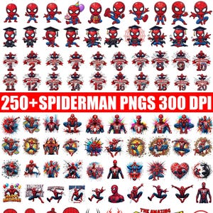 May include: A digital collection of over 250 Spiderman PNG images at 300 DPI, featuring various illustrations of the character in red and blue suits, including numbers 0-9, birthday-themed graphics, and logos with the text The Amazing Spiderman.