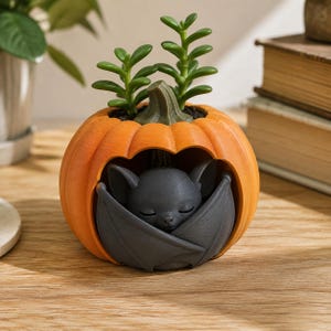 Maceta con forma de calabaza y murciélago pintada a mano, decoración de escritorio con suculentas para Halloween