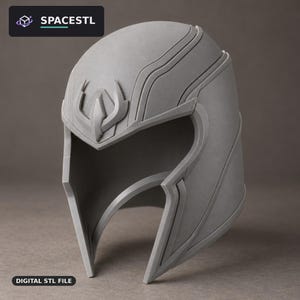 Casco fantascientifico futuristico con apertura frontale angolare ed emblema in rilievo - File digitale per stampa 3D
