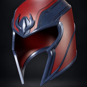 May include: A red and dark blue helmet featuring a central crest and angular design elements. The text SPACESTL is visible in the top left corner, and the text Magneto Doomsday Helmet and Digital model files | Al-restyled project reference appear below.