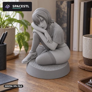 Stylized Sitting Young Woman in Casual Clothing with Sneakers 3D Print Model