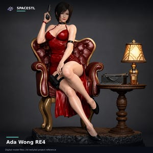 May include: A collectible figurine of Ada Wong from RE4, featuring a character in a red dress sitting on a tufted burgundy armchair. The figure holds a black handgun, with a typewriter and a lit lamp on a wooden side table nearby. Text reads: SPACESTL.