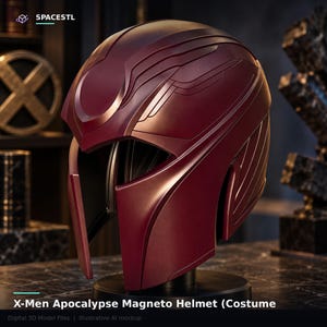 May include: A deep maroon helmet with a smooth, contoured surface and raised geometric detailing across the crown. The front features a wide, open faceplate design with a prominent central crest. Text reads: SPACESTL X-Men Apocalypse Magneto Helmet.