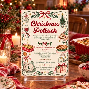 Op de afbeelding: Een rechthoekige uitnodigingskaart voor een kerstdiner met rode en groene illustraties van een wijnglas, ovenschaal, taart en cadeaus. De tekst luidt Christmas Potluck, Saturday, December 20, 6:30 PM, Megan and Tyler Brooks.