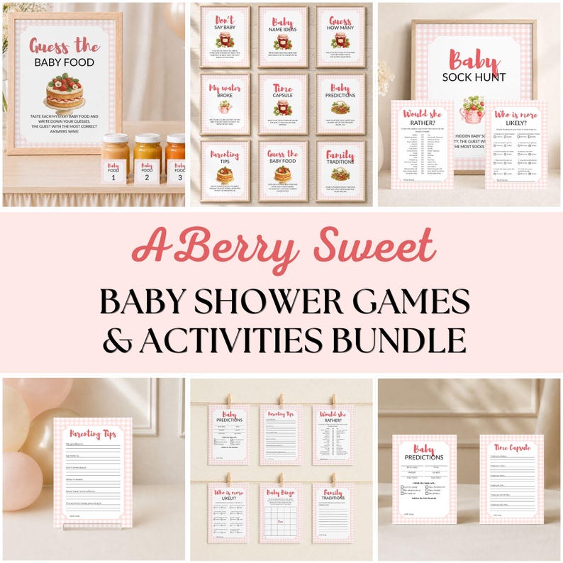 Berry Sweet Baby Shower Games Bundle (18 Editable Canva Templates)